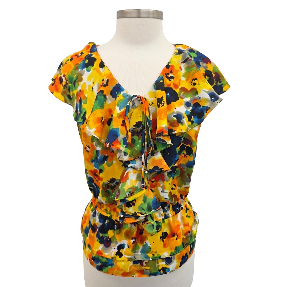 Apostrophe Petite MP Floral Ruffle Blouse Peplum Tie Top Romantic Garden